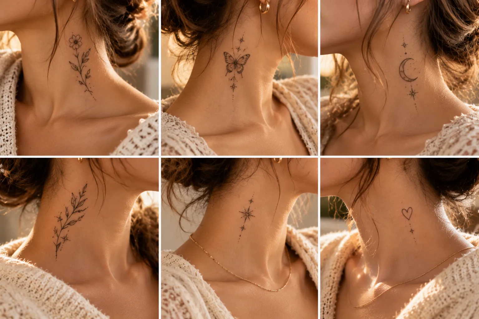 delicate neck tattoo ideas for women with flowers butterflies moons and fine line designs