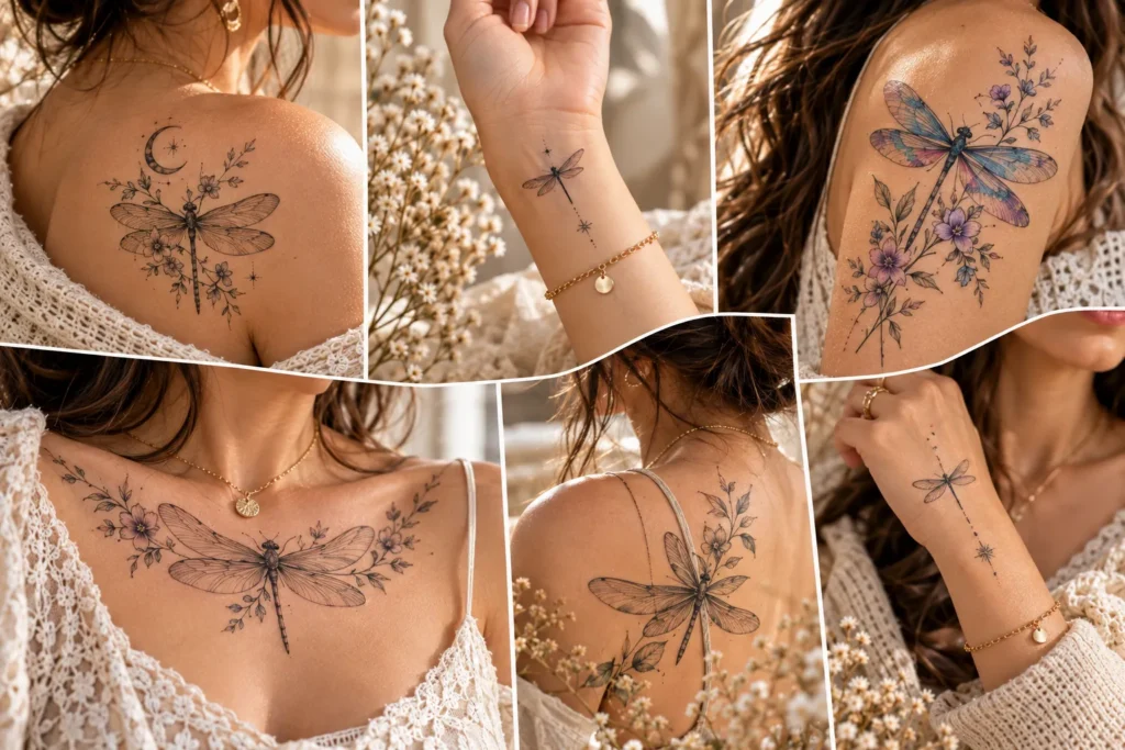 78 dragonfly tattoo ideas for women featuring delicate fine line floral and colorful designs