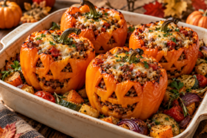 Jack-o'-lantern stuffed bell peppers filled with seasoned meat, rice, tomato sauce, and cheese