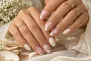 delicate floral nail ideas with tiny daisies on neutral late summer nails