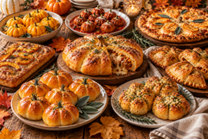 Pumpkin-shaped cookies, cupcakes, cake pops, brownies, macarons, and donuts