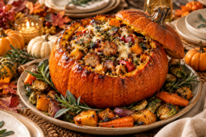 Roasted pumpkin filled with savory rice, sausage, vegetables, herbs, and cheese