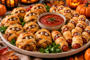 Halloween mummy meatballs and mini mummy hot dogs served with marinara sauce