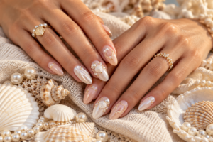 Elegant turquoise French tip nails with a nude base for summer vacation