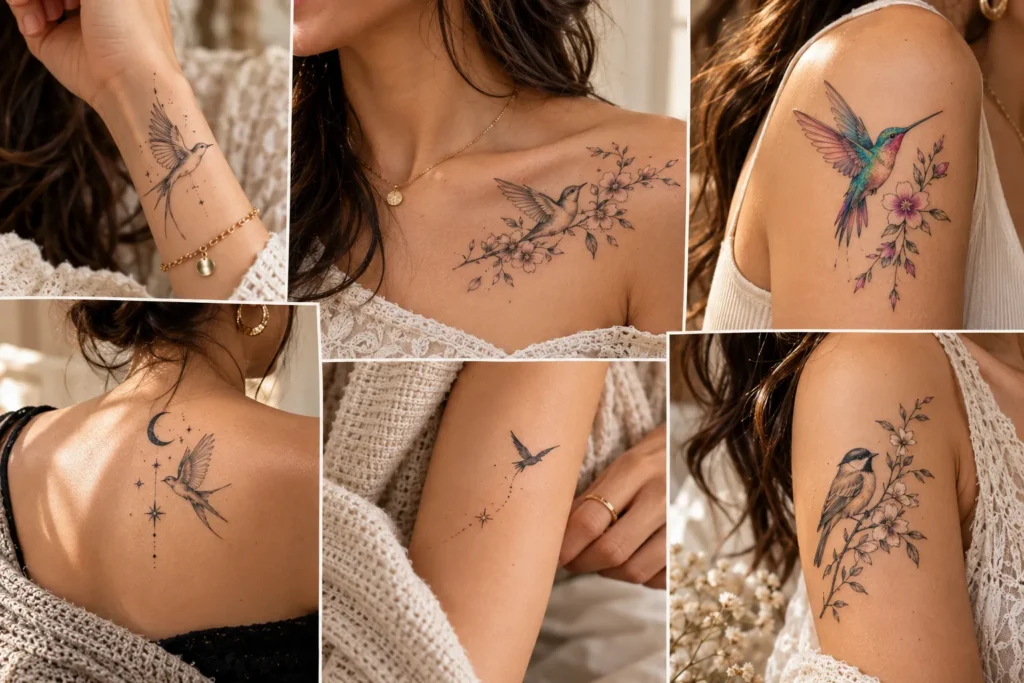 Delicate bird tattoo ideas for women featuring fine line floral hummingbird and minimalist designs