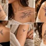 Delicate bird tattoo ideas for women featuring fine line floral hummingbird and minimalist designs