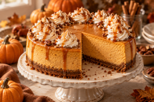 Creamy pumpkin cheesecake with whipped cream, cinnamon, and caramel topping