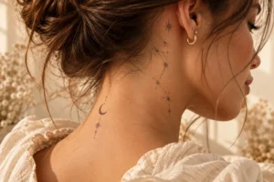 minimalist crescent moon star and constellation neck tattoo ideas
