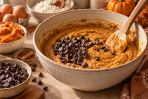 Moist pumpkin chocolate chip bread loaf sliced and served with chocolate chips and autumn decorations.