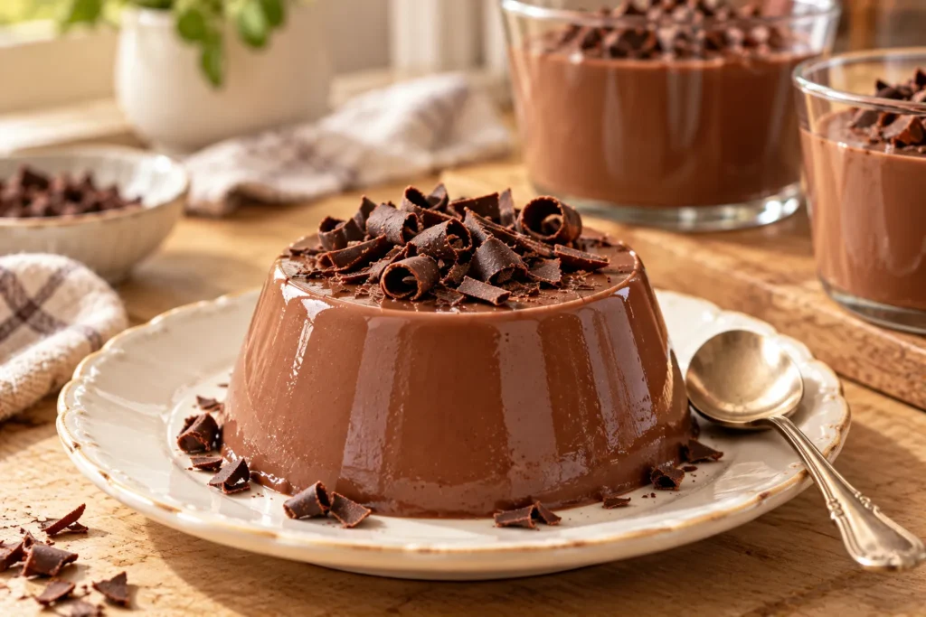 Smooth chocolate gelatin unmolded onto a ceramic plate and decorated with dark chocolate curls.