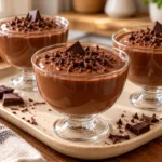 Creamy chocolate gelatin served in glass dessert cups with chocolate shavings.
