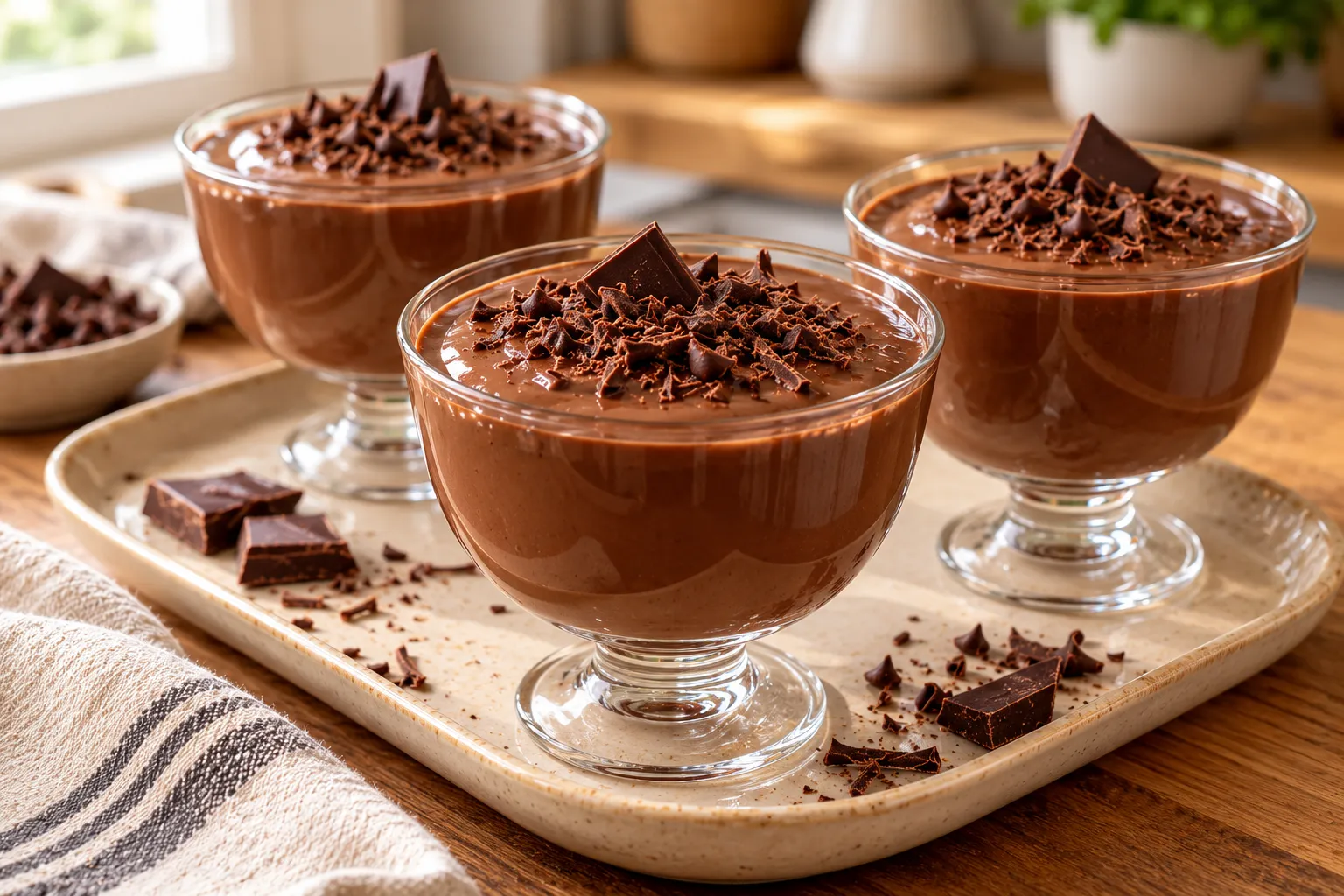 Creamy chocolate gelatin served in glass dessert cups with chocolate shavings.