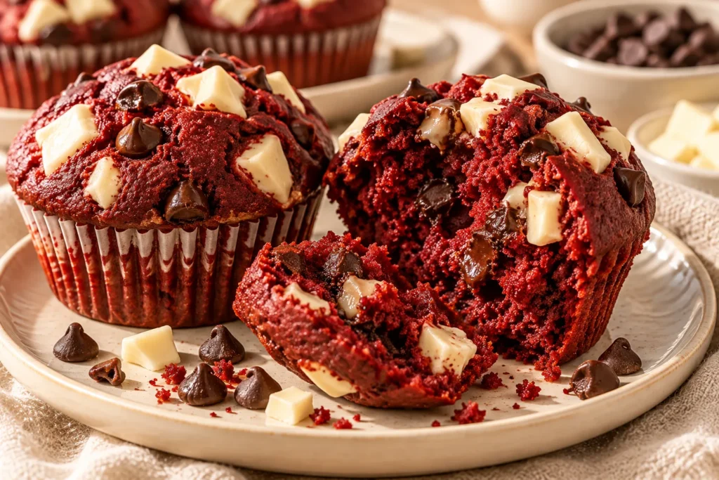 A red velvet chocolate chip muffin broken open to show its moist red crumb and melted chocolate chips, topped with white chocolate chunks.