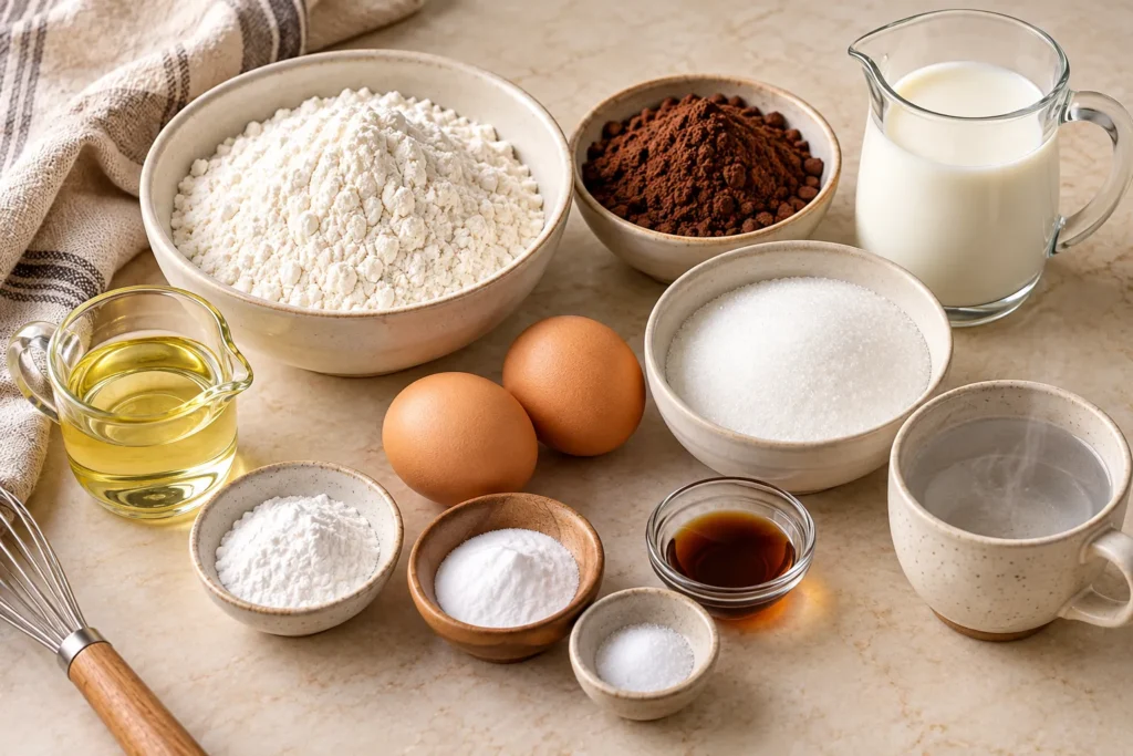 Flour, cocoa powder, eggs, milk, sugar, oil, and baking ingredients arranged for steamed chocolate cake.
