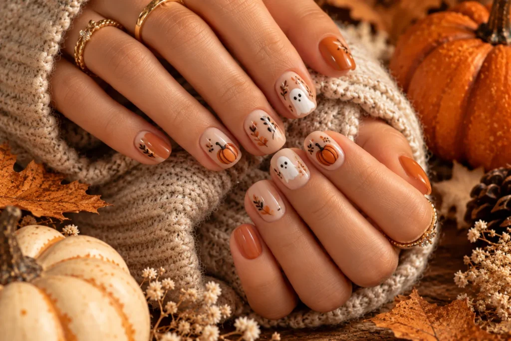 Cute Halloween nails with tiny ghosts and pumpkins
