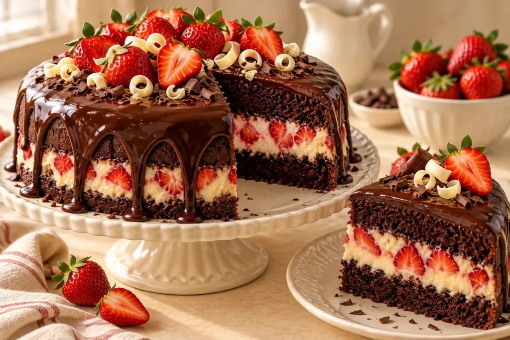 Chocolate strawberry bomb cake with creamy white brigadeiro filling, fresh strawberries, and glossy chocolate ganache.