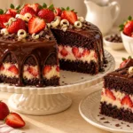 Chocolate strawberry bomb cake with creamy white brigadeiro filling, fresh strawberries, and glossy chocolate ganache.