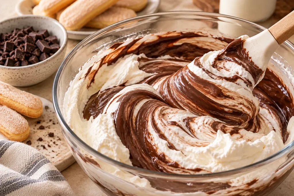 Melted chocolate being folded into whipped cream to make the filling for no-bake chocolate tiramisu.