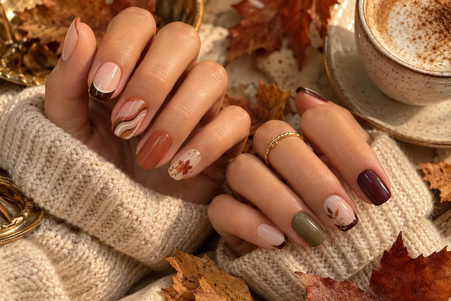 Pretty September nail ideas featuring cream, chocolate, caramel, terracotta, olive, and burgundy shades.