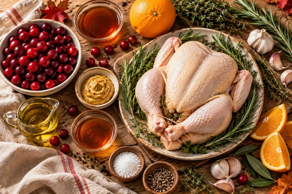 Ingredients for cranberry maple roast chicken including chicken, cranberries, maple syrup, orange, garlic, and herbs.