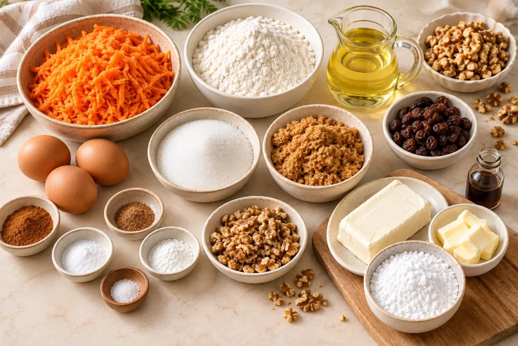 Fresh carrots, flour, eggs, brown sugar, cinnamon, walnuts, and cream cheese for homemade carrot cake.