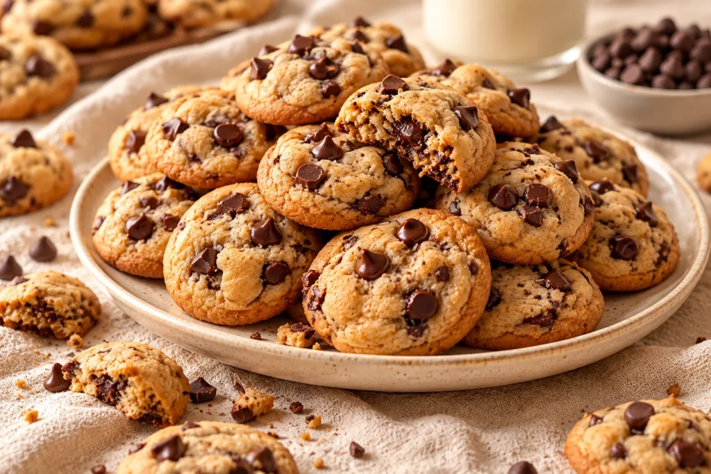 Mini chocolate chip cookie bites with golden edges, soft centers, and rich chocolate chips.
