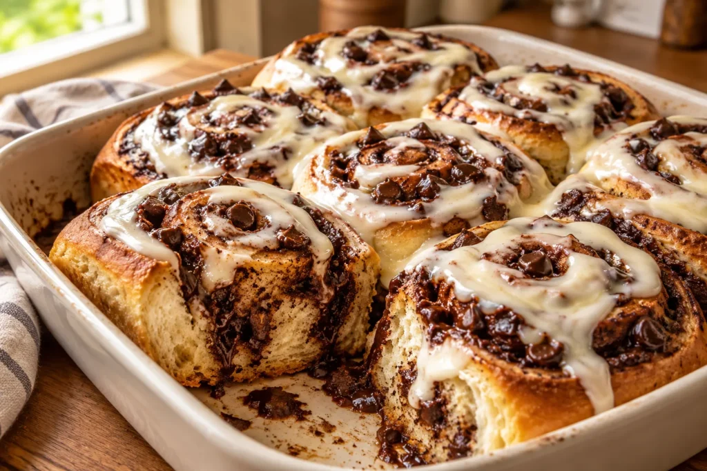 Freshly baked chocolate cinnamon rolls with rich chocolate swirls and creamy cream cheese frosting.