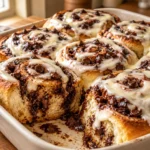 Freshly baked chocolate cinnamon rolls with rich chocolate swirls and creamy cream cheese frosting.