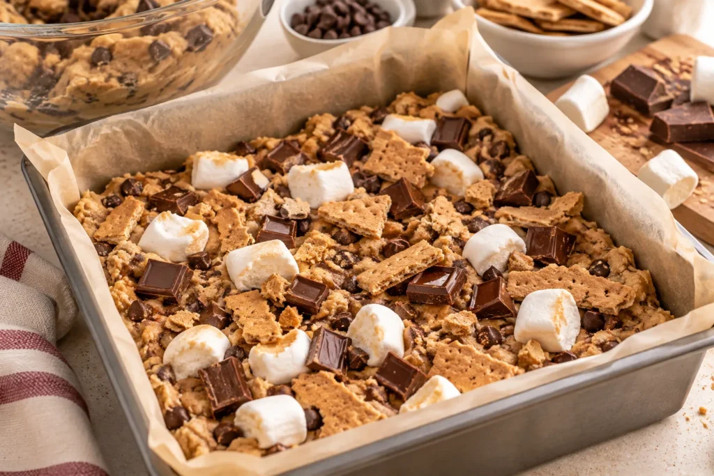 Chocolate chip cookie dough pressed into a parchment-lined baking pan before adding marshmallows, chocolate, and graham crackers.