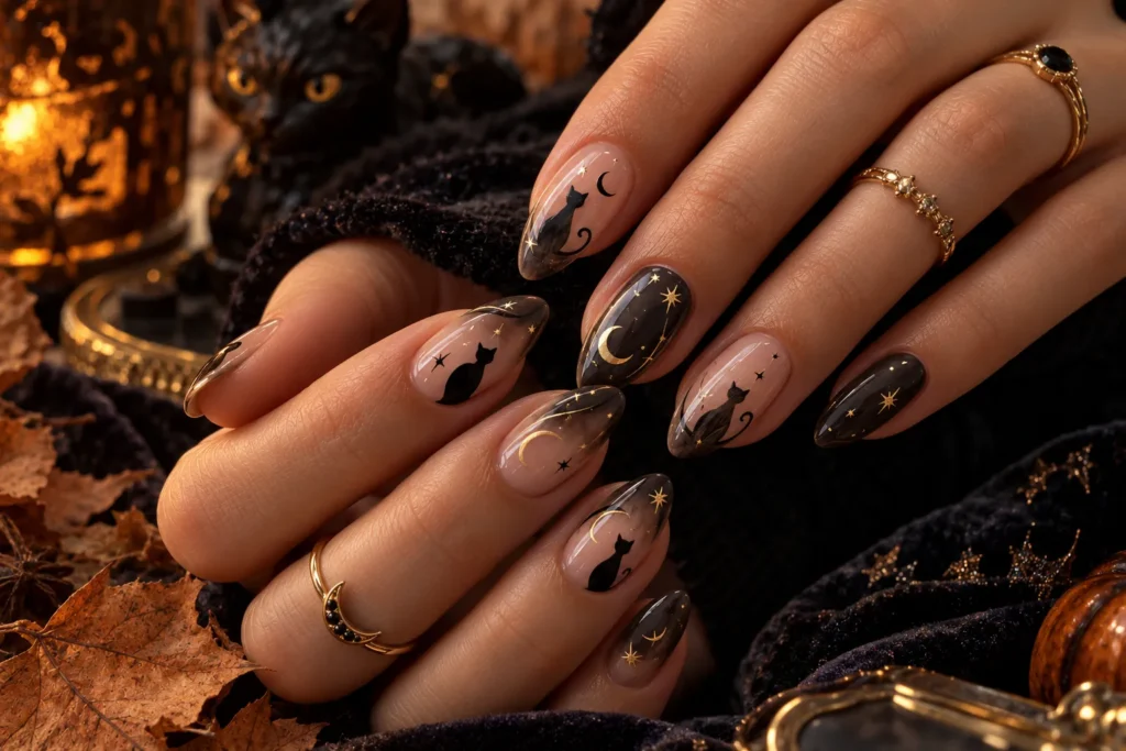 Elegant black cat Halloween nail art with moon and stars