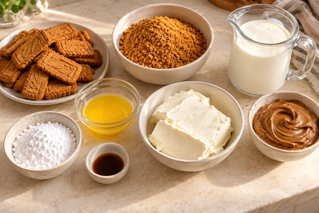 Biscoff biscuits, cream cheese, whipping cream, cookie butter spread, butter, and vanilla for no-bake cheesecake.