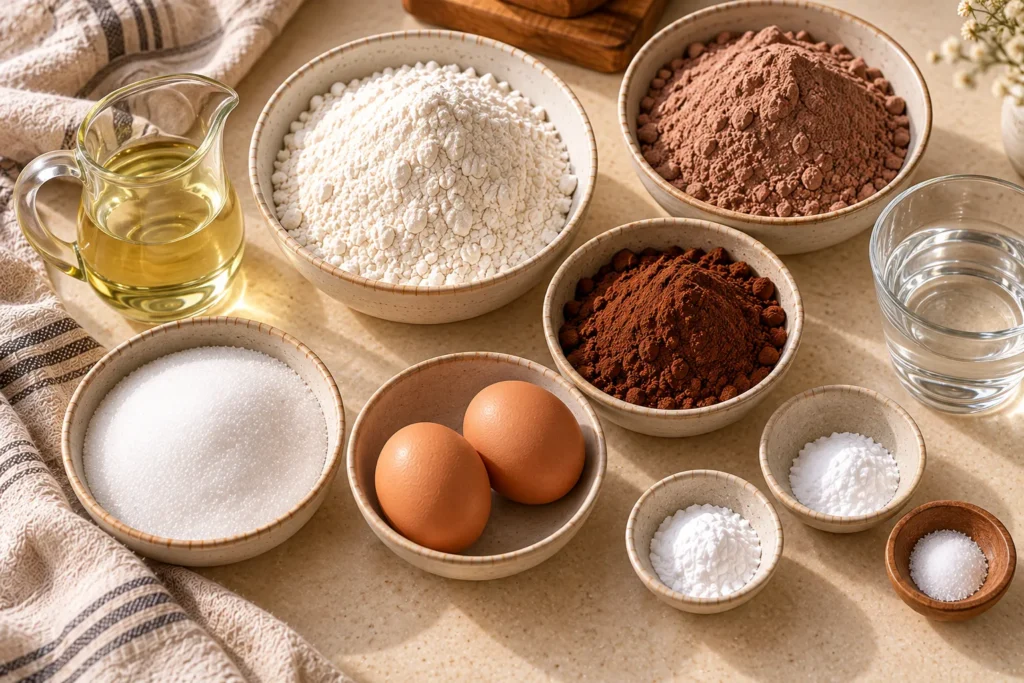 Eggs, flour, cocoa powder, chocolate milk powder, sugar, and other ingredients for steamed brownies.