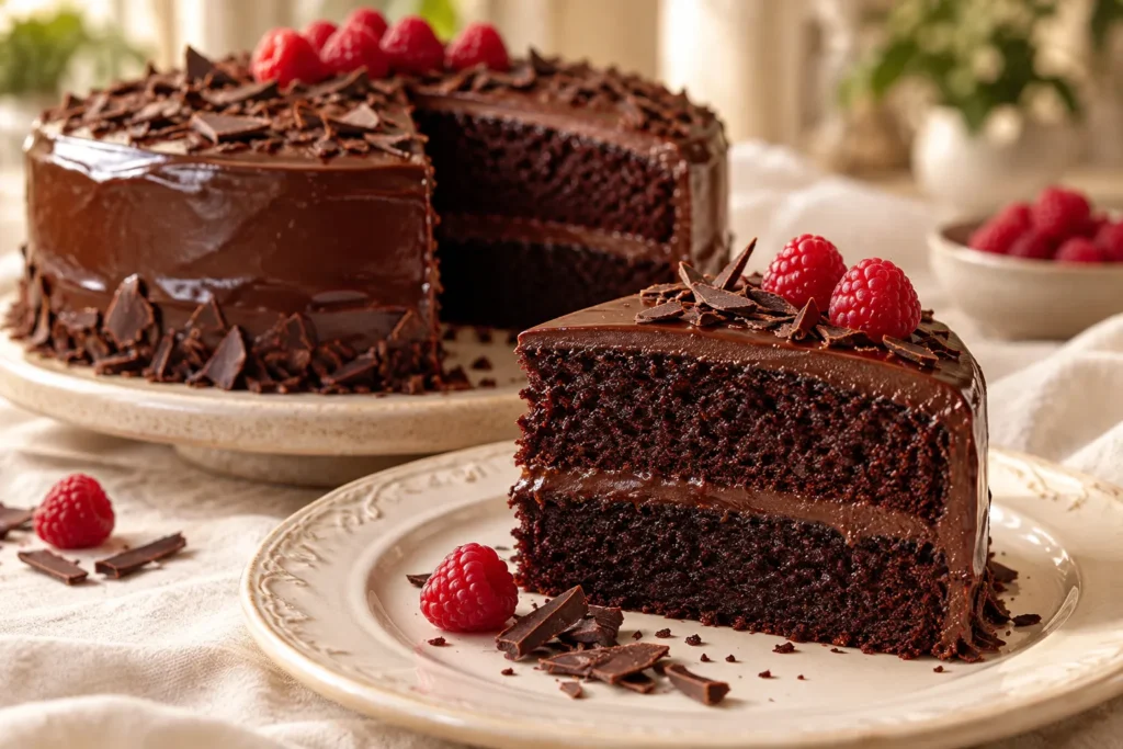 Ultra-fudgy dark chocolate cake with moist chocolate layers and glossy dark chocolate ganache.