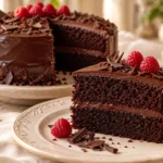Ultra-fudgy dark chocolate cake with moist chocolate layers and glossy dark chocolate ganache.