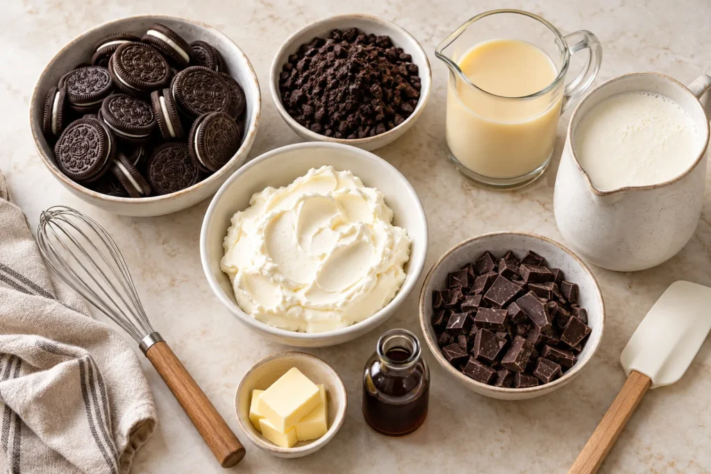 Oreo cookies, cream cheese, condensed milk, whipping cream, and dark chocolate for homemade Oreo Carlota.