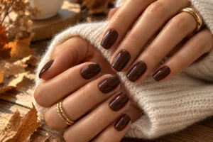 Glossy chocolate brown nails for fall 2026.