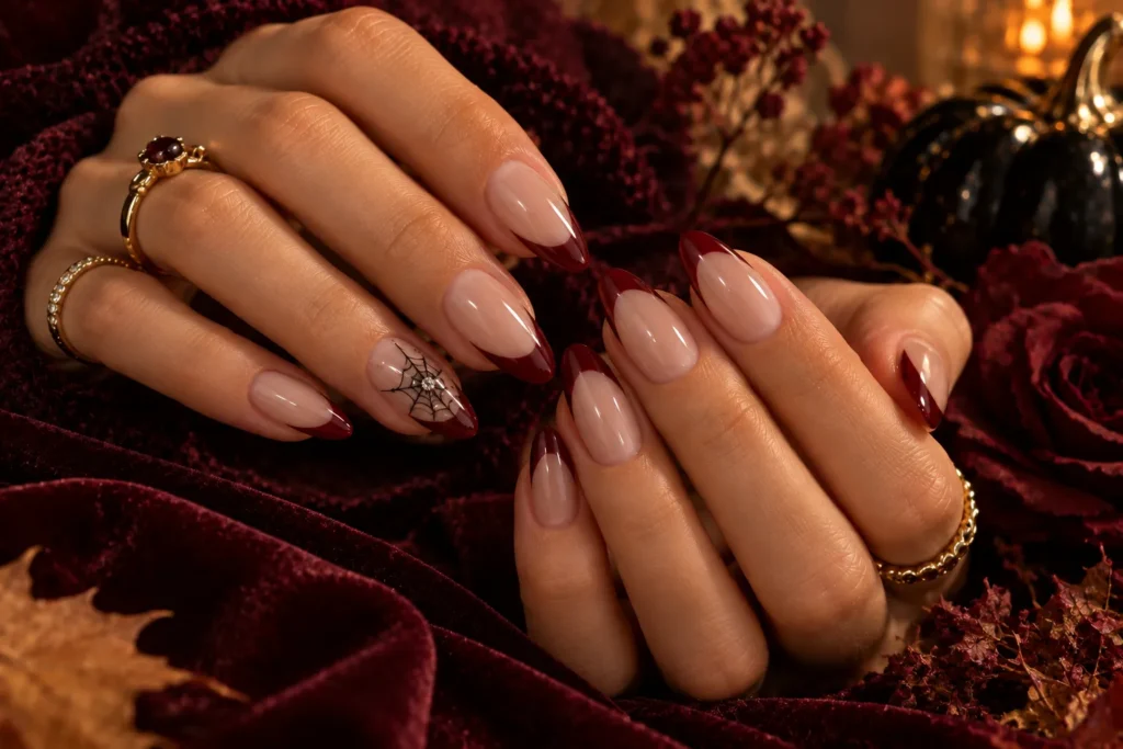 Blood-red French tip nails with delicate Halloween spiderweb art