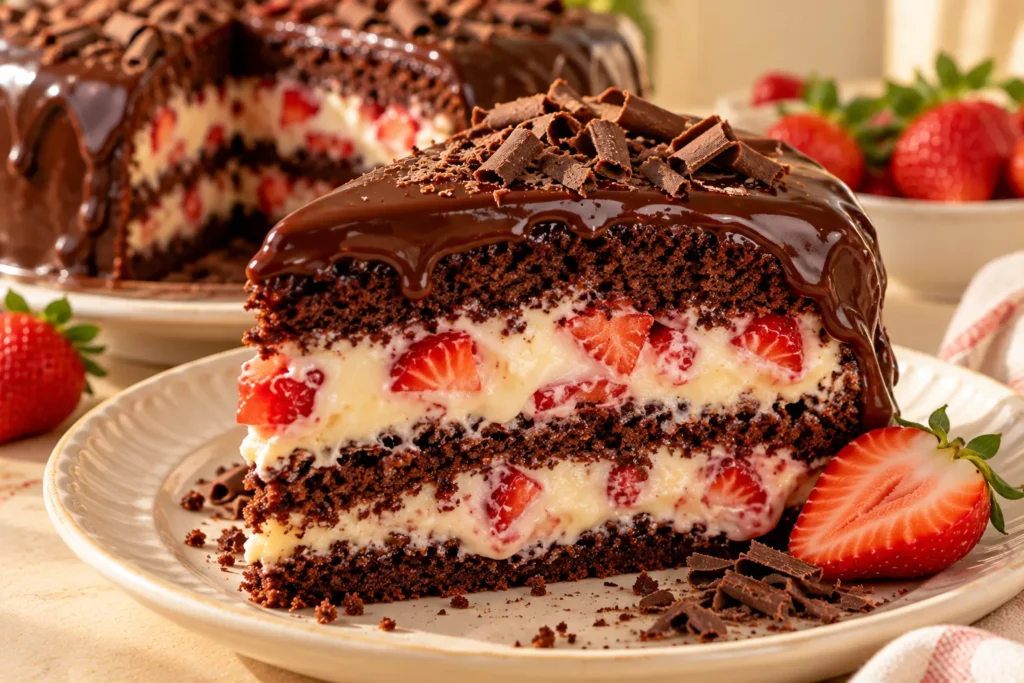 Slice of chocolate strawberry bomb cake showing chocolate sponge, creamy white brigadeiro, fresh strawberries, and chocolate ganache.