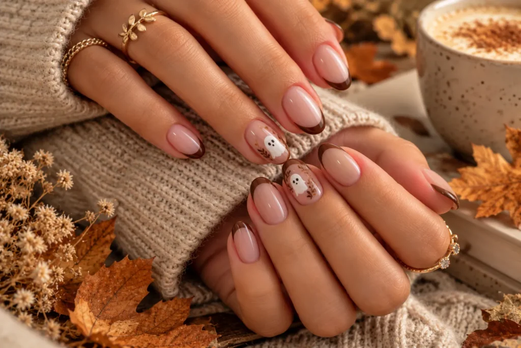Soft mocha French tip nails with minimalist ghost accents