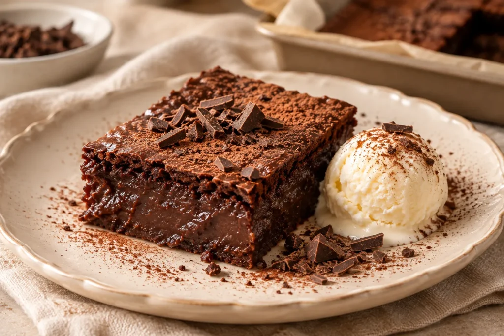 A serving of gooey chocolate mochi cake with a chewy chocolate center and vanilla ice cream.