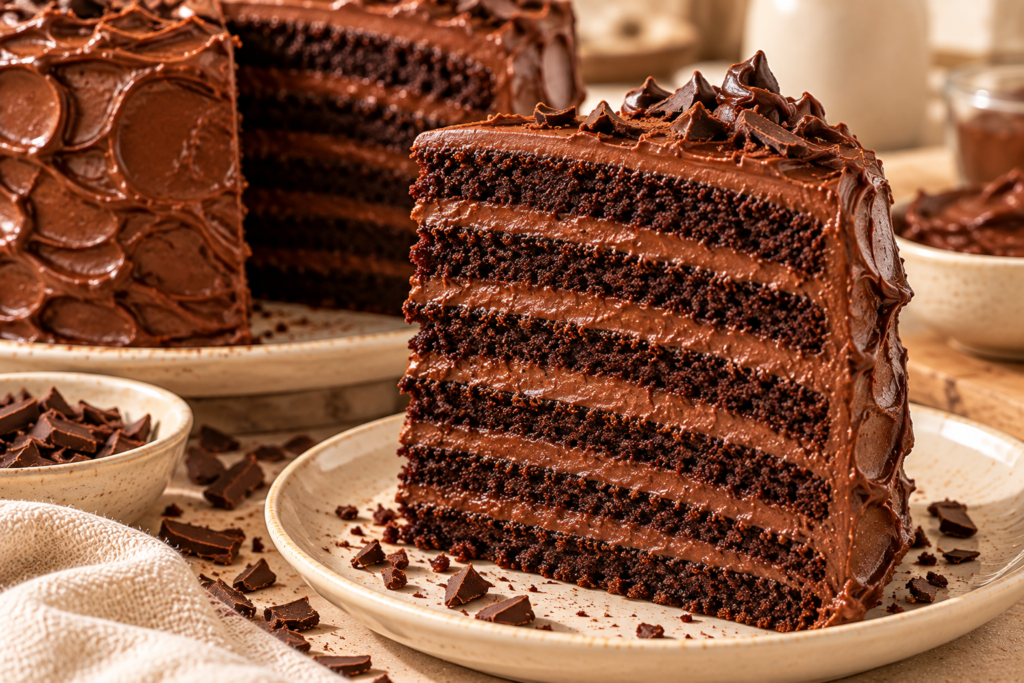 Six-layer chocolate fudge cake with moist chocolate sponge layers and thick chocolate icing.