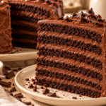 Six-layer chocolate fudge cake with moist chocolate sponge layers and thick chocolate icing.