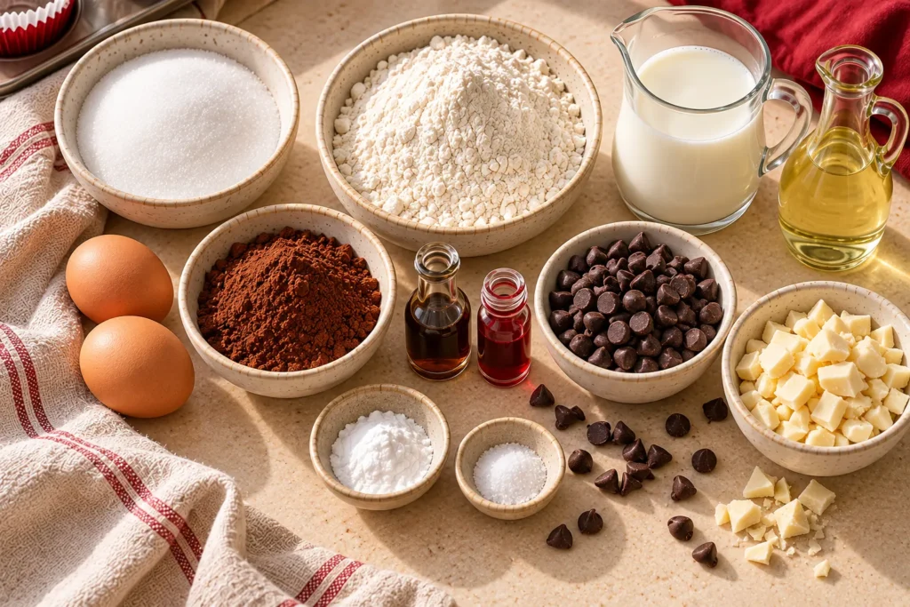 Ingredients for red velvet chocolate chip muffins, including flour, cocoa powder, eggs, milk, chocolate chips, and red food coloring.
