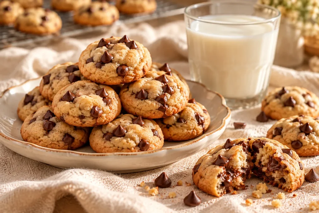 Golden mini chocolate chip cookies served with milk, showing their buttery texture and chocolate-filled centers.