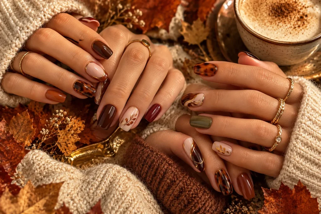 Chic fall nail trends for 2026 featuring chocolate, burgundy, olive, caramel, nude, and metallic designs.