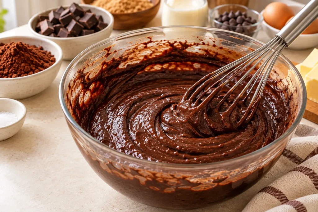 Smooth, rich chocolate batter being mixed for steamed chocolate brownies.