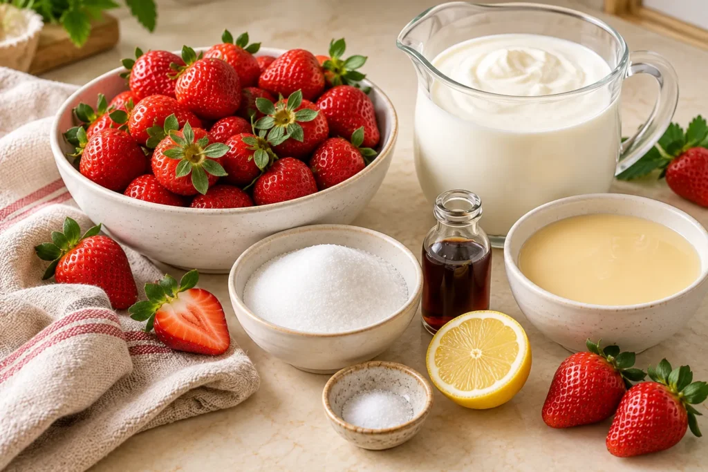Fresh strawberries, heavy cream, condensed milk, sugar, vanilla, and lemon prepared for homemade strawberry ice cream.