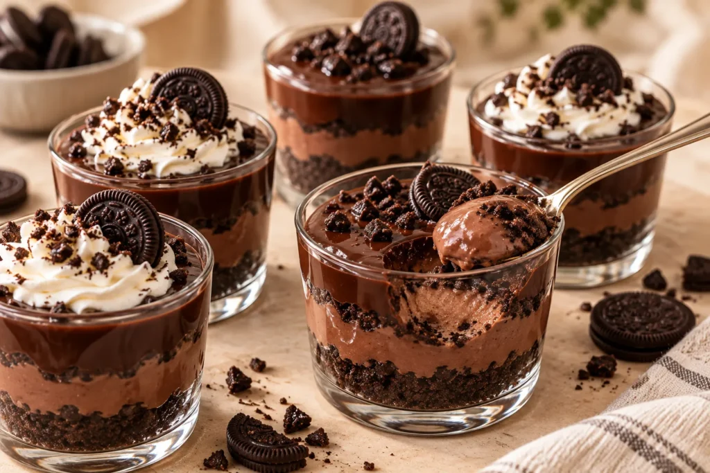 Oreo Chocolatos chocolate pudding cups layered with cookie crumbs, creamy chocolate pudding, and glossy ganache.