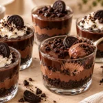 Oreo Chocolatos chocolate pudding cups layered with cookie crumbs, creamy chocolate pudding, and glossy ganache.