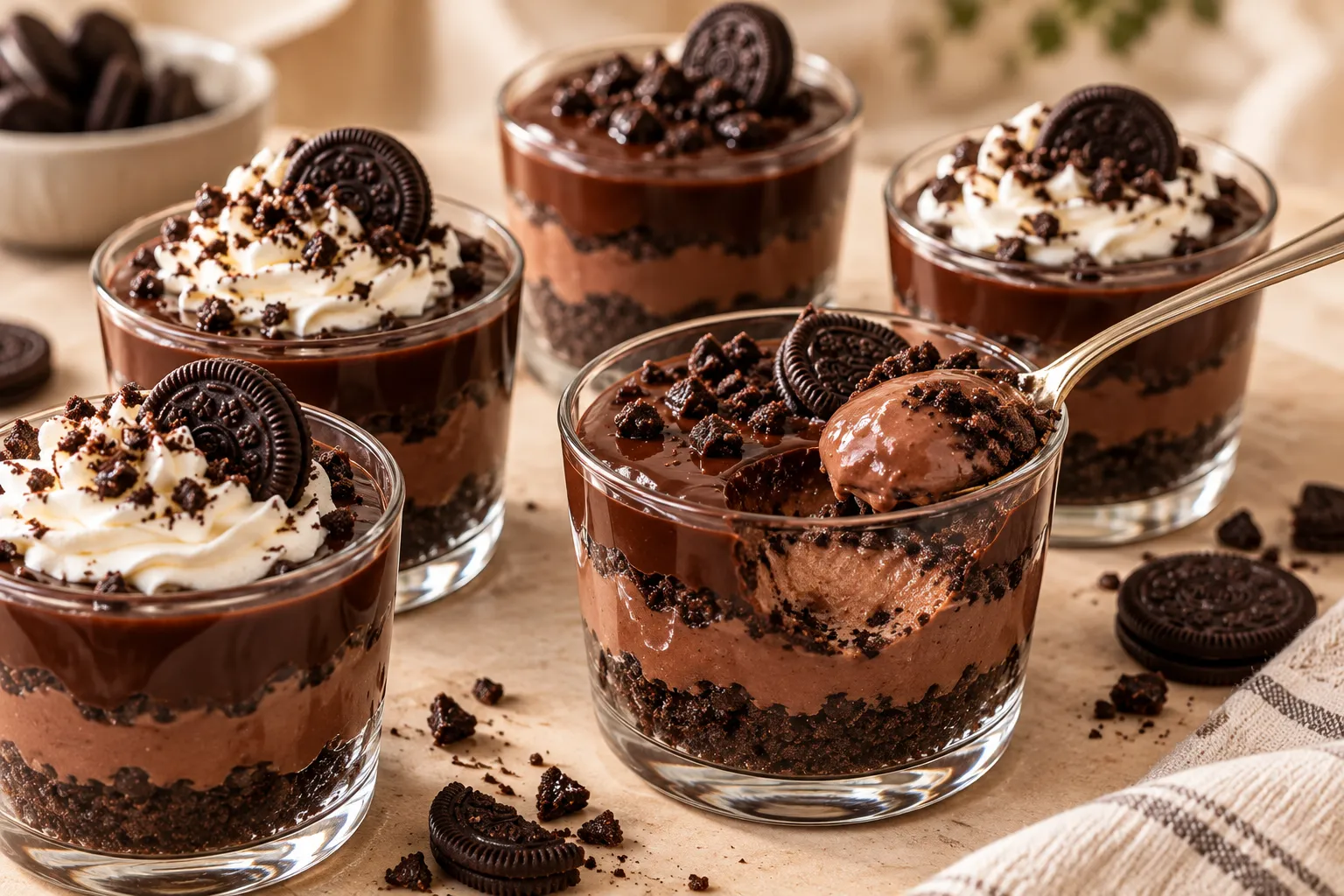 Oreo Chocolatos chocolate pudding cups layered with cookie crumbs, creamy chocolate pudding, and glossy ganache.